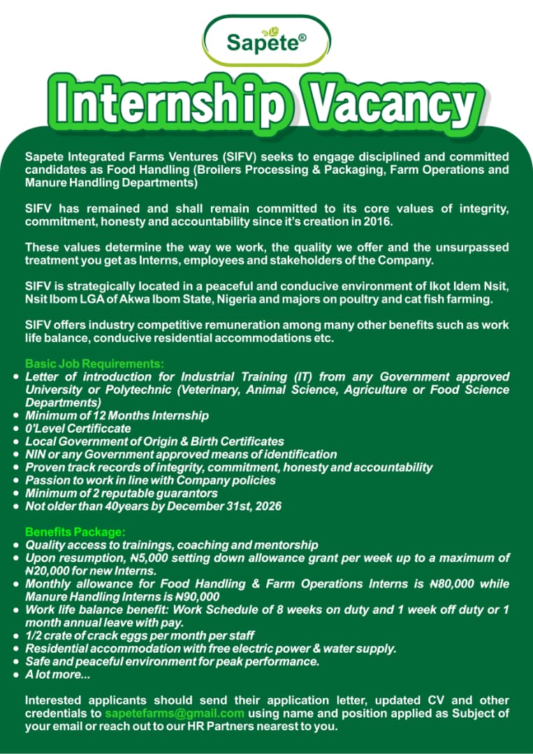 SIFV Opens 12-Month Internship Programme for Agriculture and Food Science Students