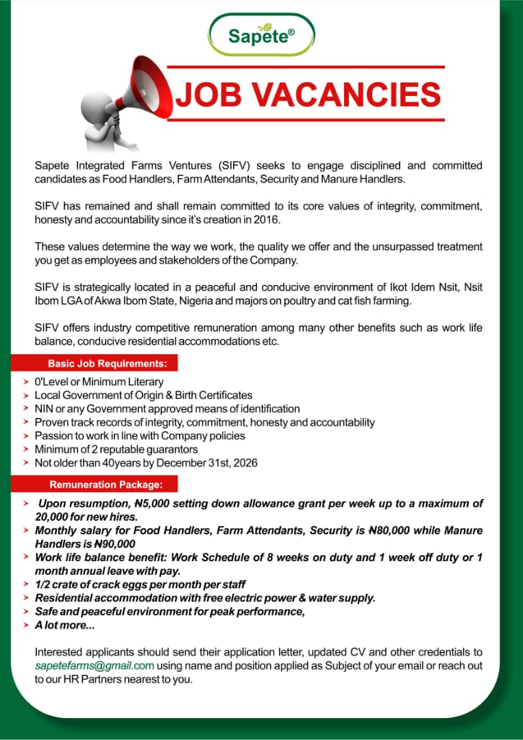 Sapete Integrated Farms Ventures Announces Major Job Openings in Akwa Ibom