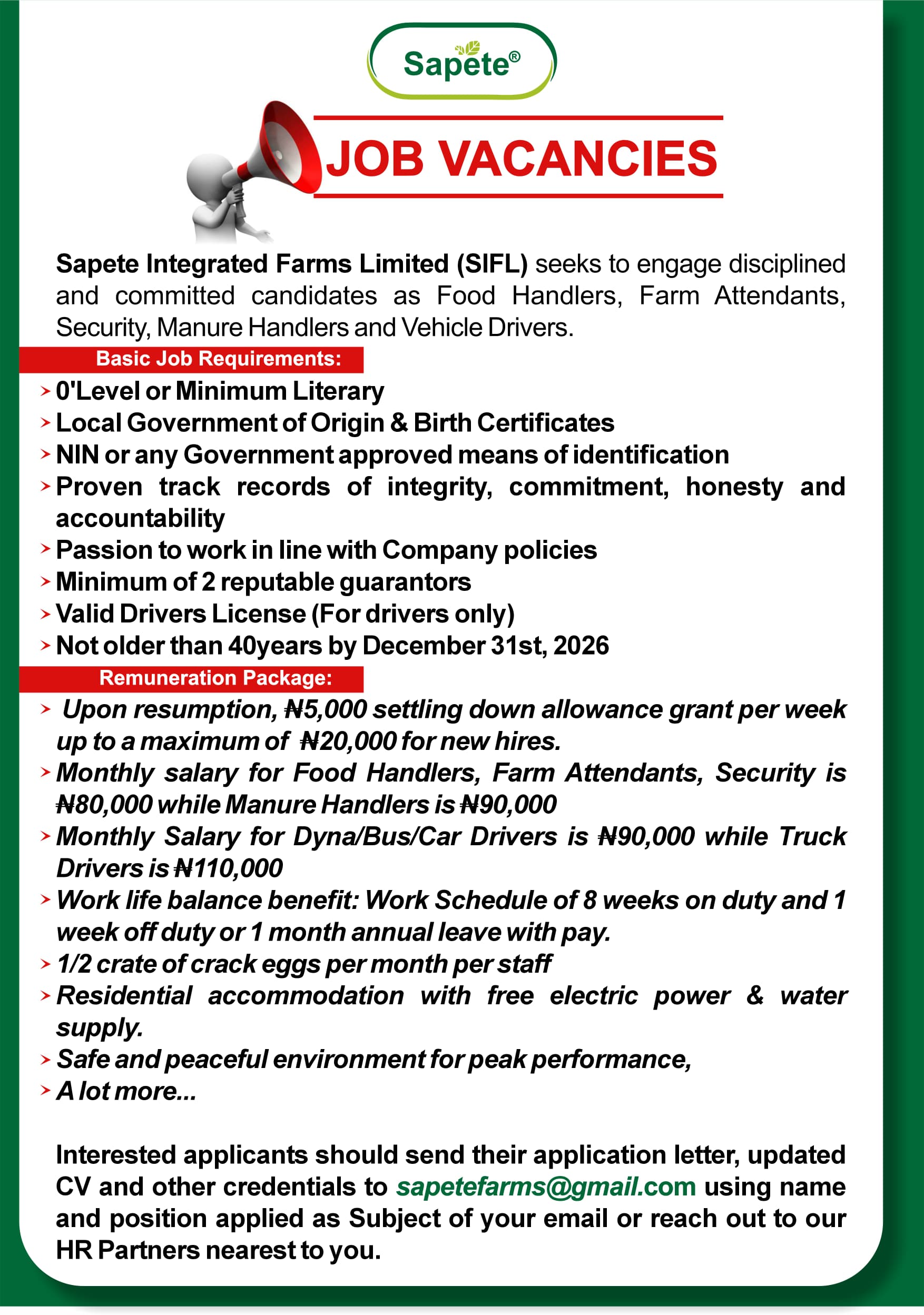 Farm handler, Farm attendant, Security, Manure handler, Vehicle drivers